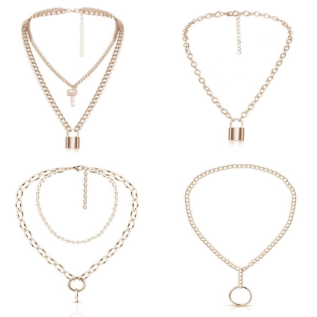 4PCS Pendant Necklaces Alloy Circle Sweater Chain Lock Pendant Chain