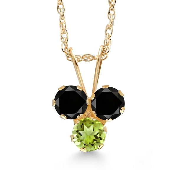 Gem Stone King 14K Yellow Gold Black Diamond and Green Peridot 3-Stone Pendant Necklace for Women (0.32 Cttw, Gemstone April Birthstone, Round 3MM, 18 inch Chain)