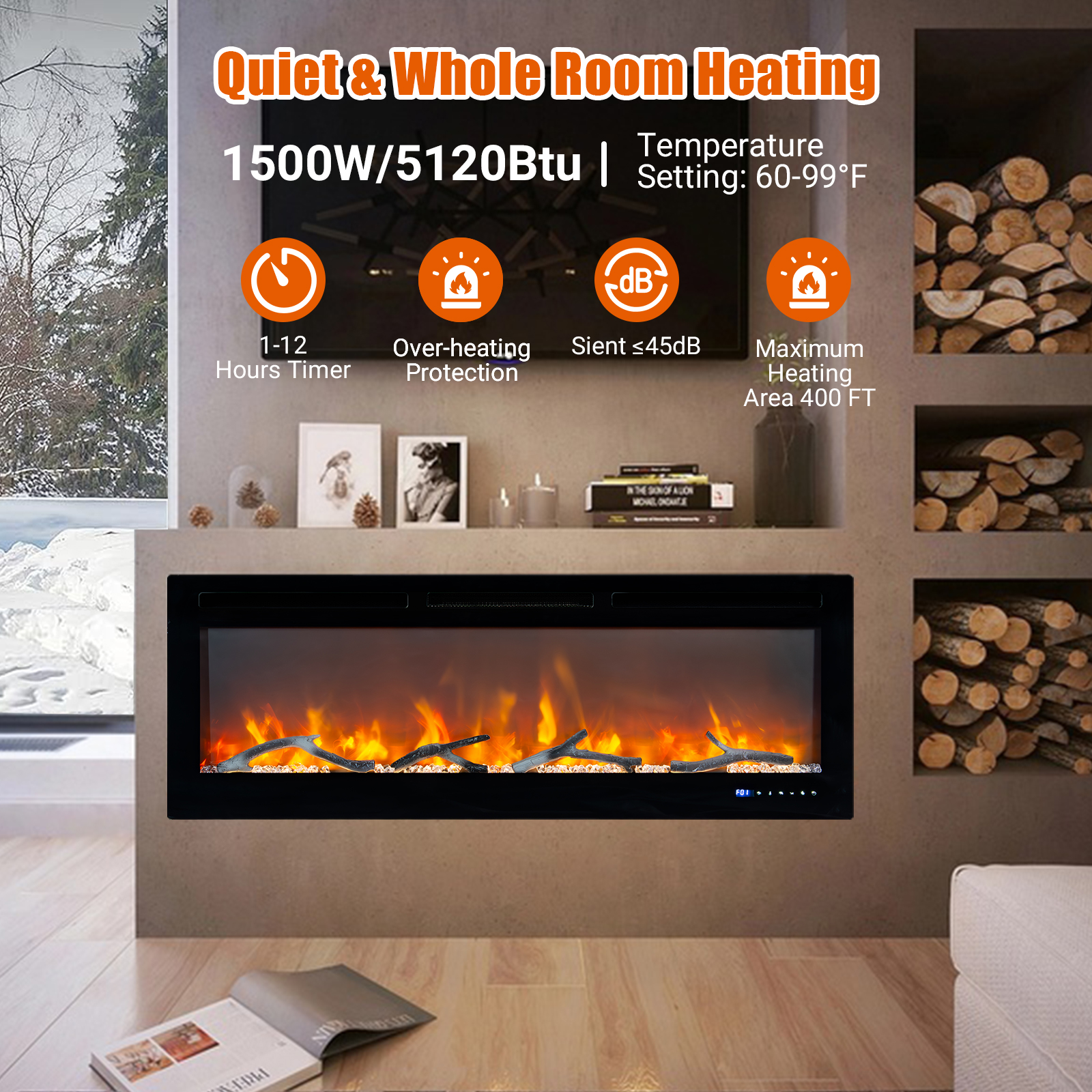 Yesurprise 50" Electric Fireplace - In-Wall Recessed or Wall Mount with Remote, Dual Heat, Thermostat & 12 Flame Colors with Timer