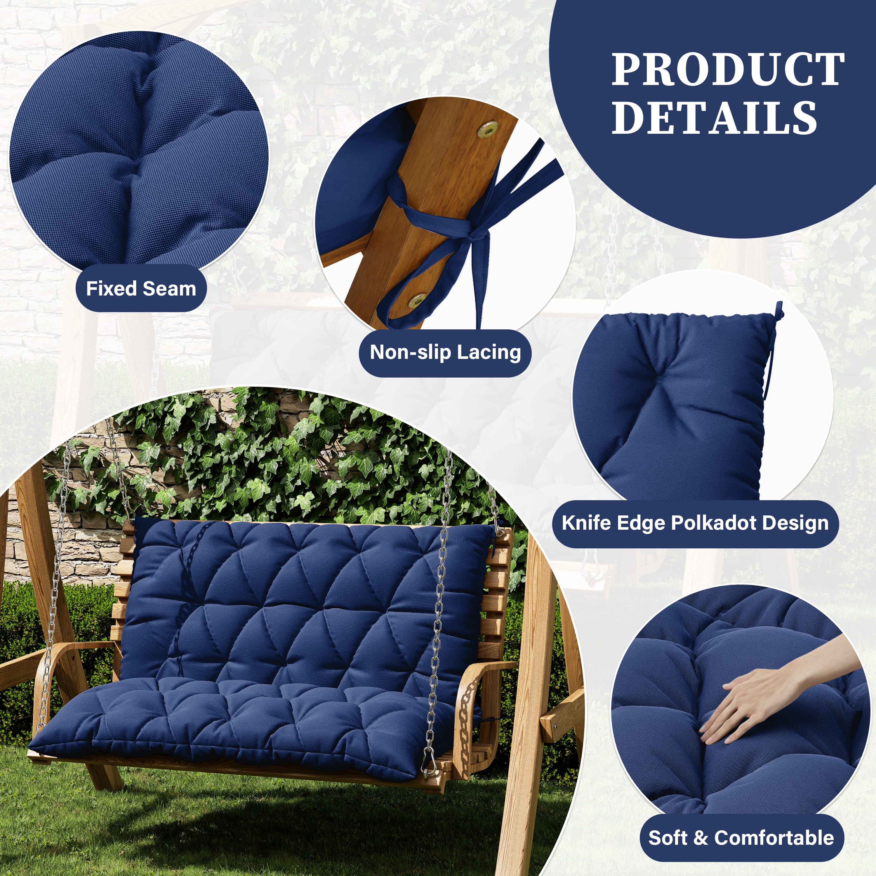 Snubbull Swing Replacement Cushion, Outside Bench Cushion with Backrest, 1-2 Seater Cushion with 6 Ties for Outdoor Furniture, 47 x 40 x 5 Inches Porch SwingCushion Garden Bench, Blue
