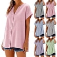 thumbnail image 7 of AKOEE Striped Button Up Shirts Women V Neck Plus Size Beach Summer Casual Short Sleeve Blouses Loose Fit, Purple 3XL, 7 of 7