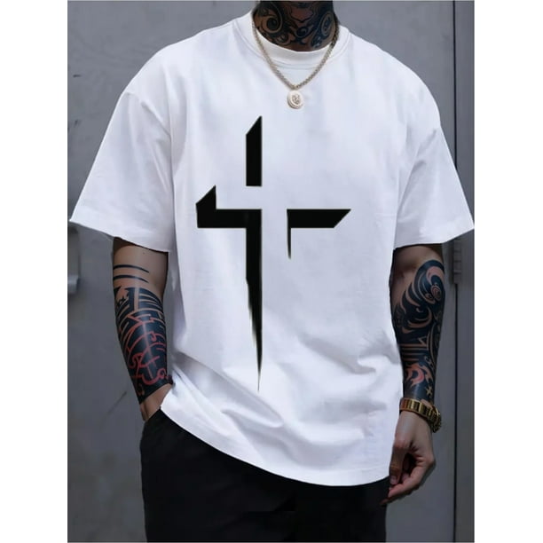 Men'S All-Season Cotton Crew Neck T-Shirt with Graphic Cross Print - Casual Style, Short Sleeve, Regular Fit, Slight Stretch Fabric, 220gsm Cotton Tee for Daily & Weekend Wear, Casual Sporty Tee