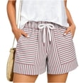 thumbnail image 3 of OIOLOYJM Shorts for Women Athletic Striped Loose Drawstring High Rise Wide Leg Beach Shorts Summer Lounge Vacation Smocked Short Pants with Pockets Red L, 3 of 6