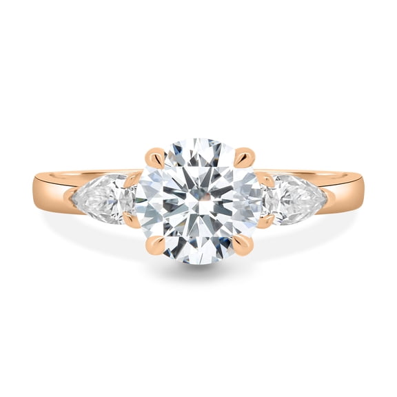 ESTE ORIGIN 2.00Ct Round Cut Moissanite 4-Claw Basket Trilogy Engagement Ring – Pear Side Stones in 10K Rose Gold for Women
