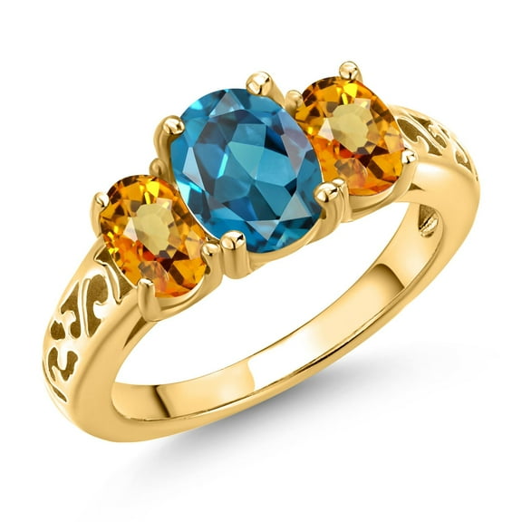 Gem Stone King 18K Yellow Gold Plated Silver London Blue Topaz and Yellow Sapphire Filigree Style 3 Stone Ring for Women (2.73 Cttw, Oval 8X6MM and 6X4MM) (Size 9)