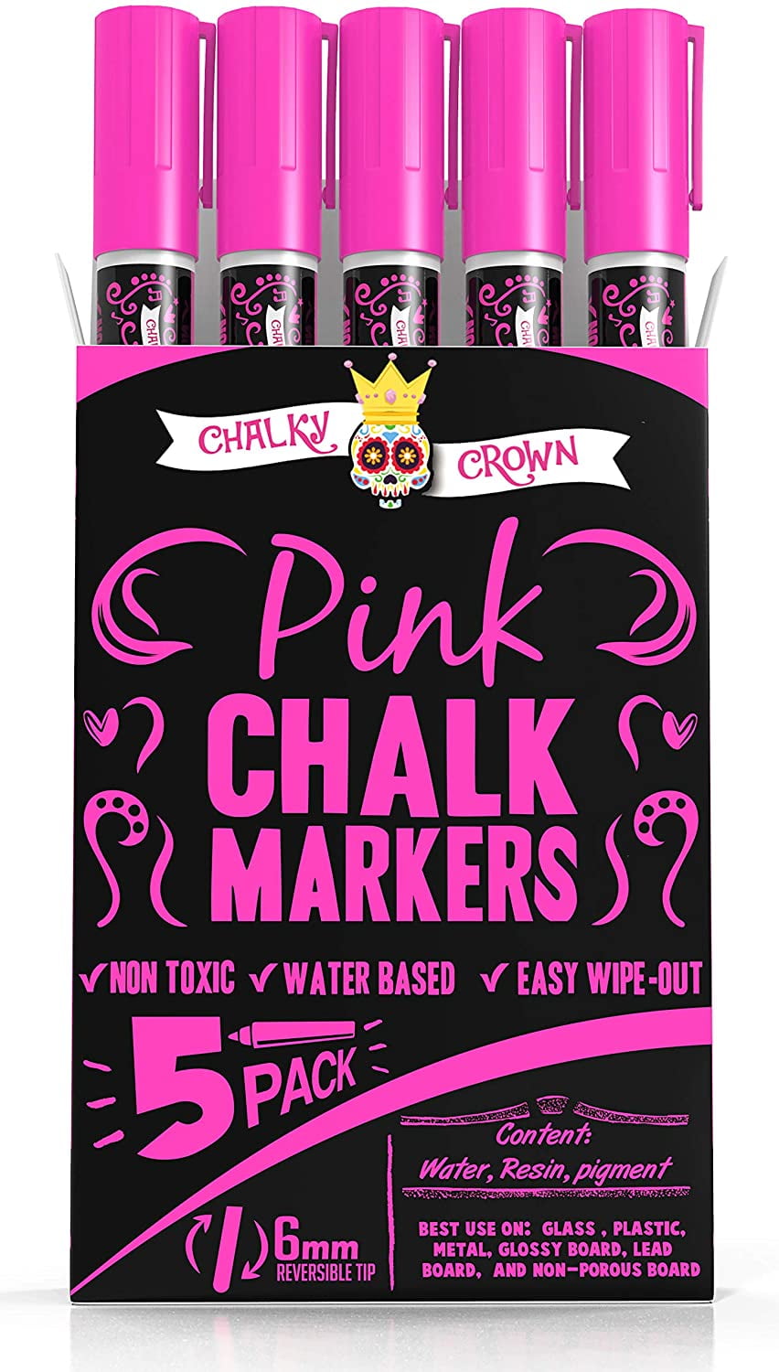 Chalky Crown Liquid Chalk Marker Pen - Dry Erase Marker - Chalk Markers for Chalkboard Signs, Windows, Blackboard, Glass - 6mm Reversible Tip - 24 Chalkboard Labels Included (Pink, 5 Pack)