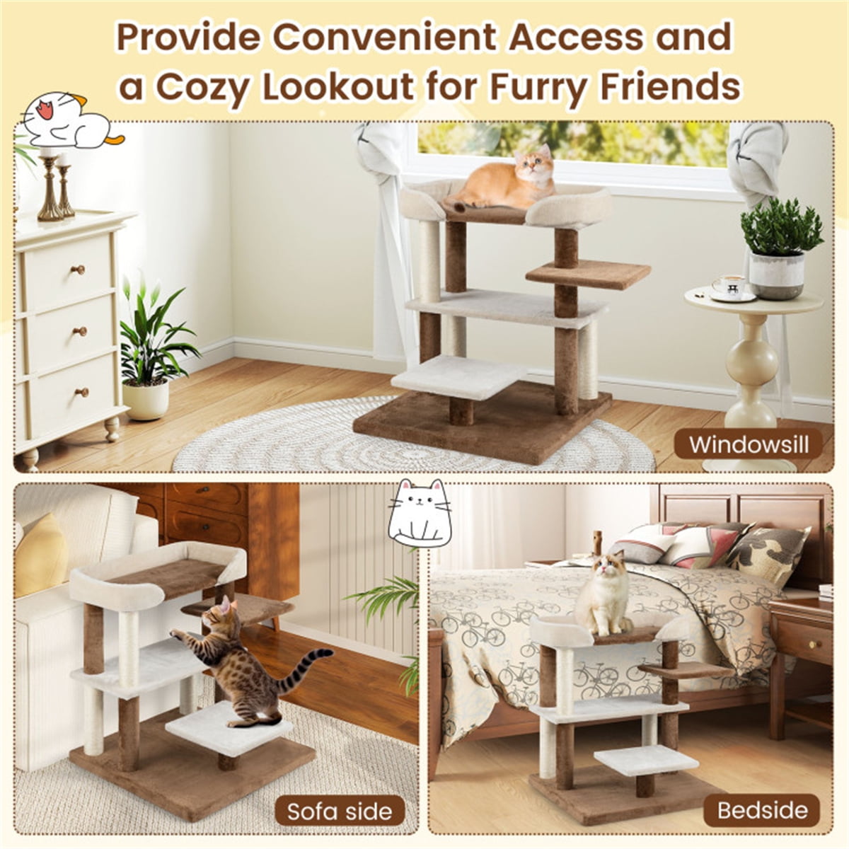 2-in-1 Cat Steps & Scratching Post, 4-Tier Pet Stairs for Small Senior Cats & Dogs, Sisal Scratching Posts, Compact 28”H, Space-Saving, Multi-Functional Pet Furniture, Gray