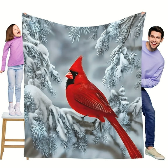 Winter Snow With Cardinal Bird Print Flannel Blanket Soft Warm Cozy Skin-friendly Machine Washable Blanket For Sofa Bed Car Camping Office Home Decor Gift Blanket For All Seasons