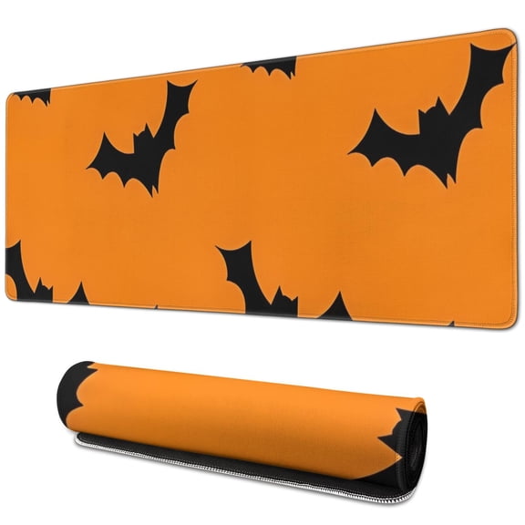 Long Mouse Pads for Desk,Orange Halloween Bats Desk Mats on Top Of Desks, Desk Mouse Pad Extra Large with 3mm Non-Slip Base and Stitched Edge for Gaming,Office,Work,Home 31.5x11.8in
