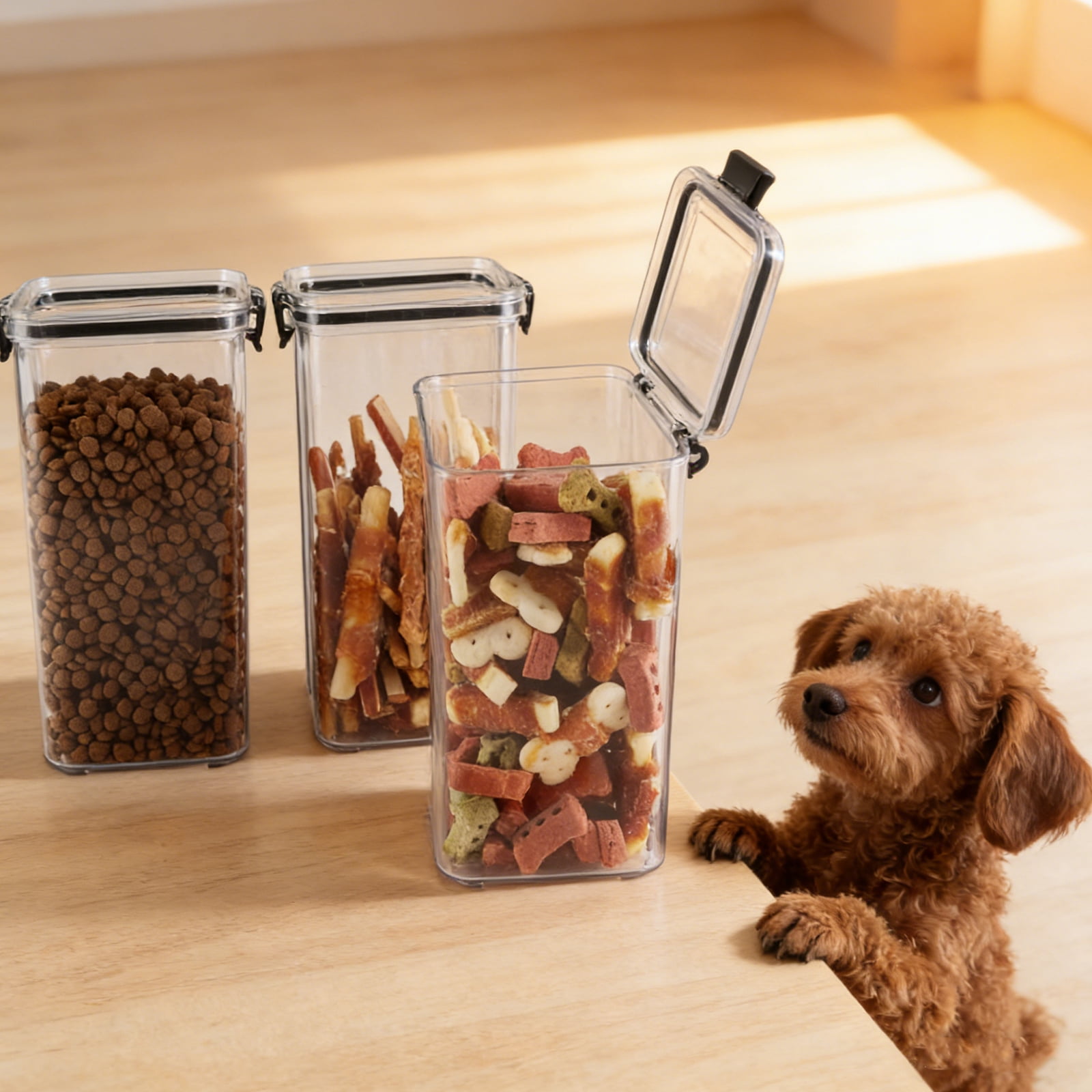 Brabtod 3-Pack Airtight Pet Food Containers with Locking Clips, Dog & Cat Food Storage with Labels & Pen, Bird Seed Treat Canisters