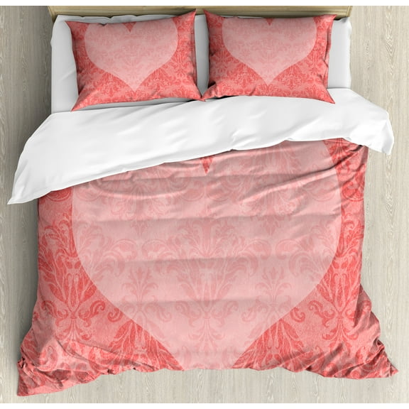 Coral Duvet Cover Set, Big Pink Heart Shape on Damask Pattern Faded Old Traditional Vintage, Decorative 3 Piece Bedding Set with 2 Pillow Shams, Calking Size, Coral Pale Pink, by Ambesonne