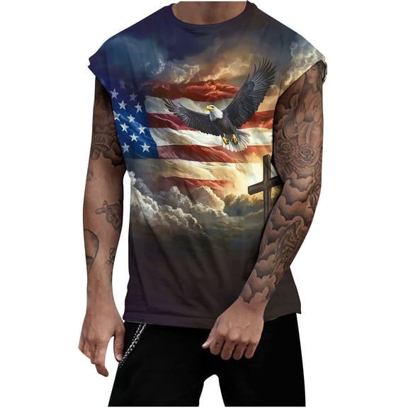 Cmfcve Men's Independence Day Tank Top Casual Printing Patriotic Vests Sleeveless Round Neck Gym Tees