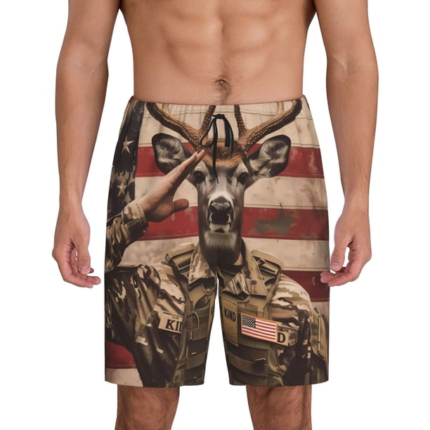 Fotbe Patriotic Deer Soldier Salute Pantalones Cortos de Pijama para Hombre, Ropa de Dormir, Pantalones de Pijama Cortos para Hombre-XX-Large
