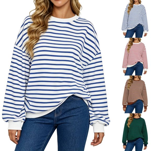 Arlun Womens Striped Oversized Sweatshirts Trendy Color Block Crew Neck Long Sleeve Casual Loose Pullover Top Comfort Drop Shoulder Fashion Fall Vacation Hoodless Sweatshirt 1-Red XL