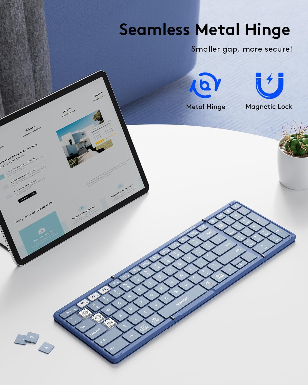 Foldable Bluetooth Keyboard with Numeric Keypad, Full-Size Wireless Folding PU Leather, Portable Travel for iOS Android Windows Mac OS, Support 3 Device(BT5.1 x 3) Blue