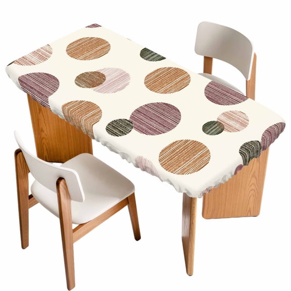 Abstract Geometric Table Cloths for 3 Foot Rectangle Tables, Farmhouse Vintage Polka Dot Red Brown Patio Waterproof Elastic Fitted Tablecloths, Washable Rectangular Table Cover for Camping