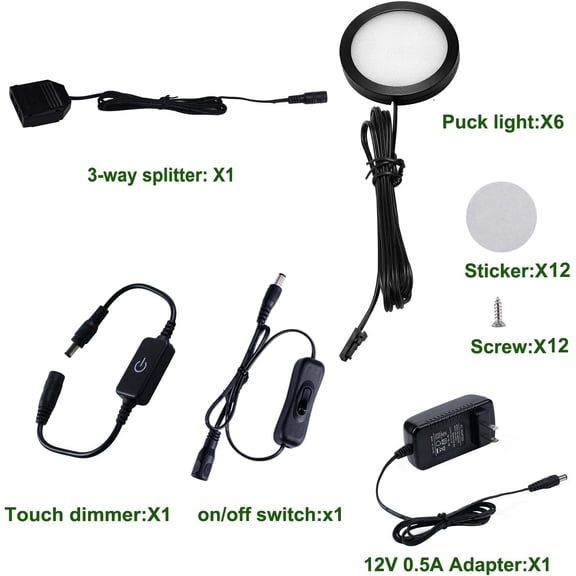YJYASX-Under Cabinet LED Black Cover Puck Lighting Kit with Touch Dimmer Switch for Kitchen Cupboard Closet Lighting (6 Lights,Daylight White)