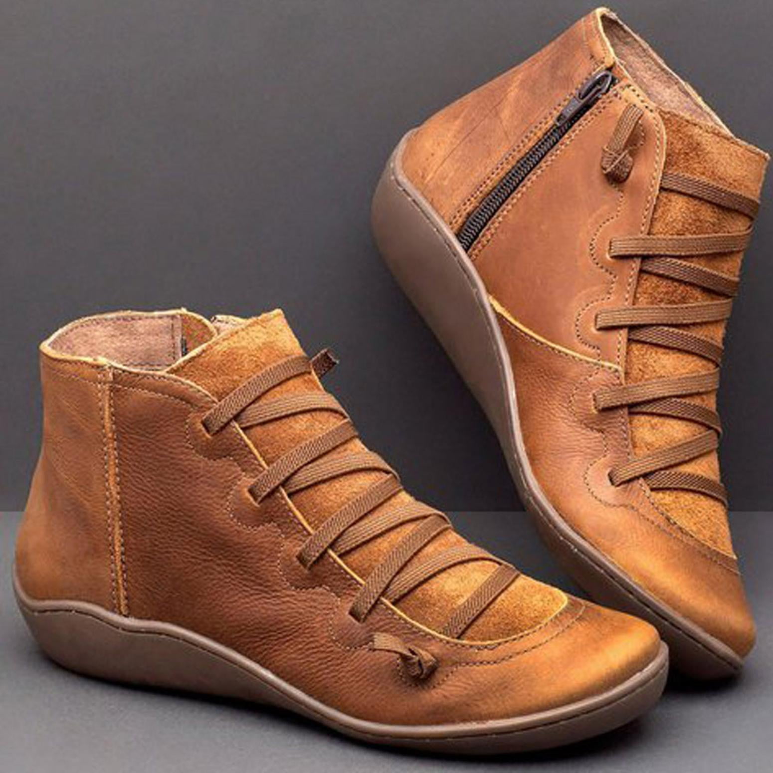Være handicap gård LoyisViDion Women Casual Flat Leather Boots Retro Lace-Up Boots Side Zipper  Plus Shoe Boots Brown 8(39) - Walmart.com