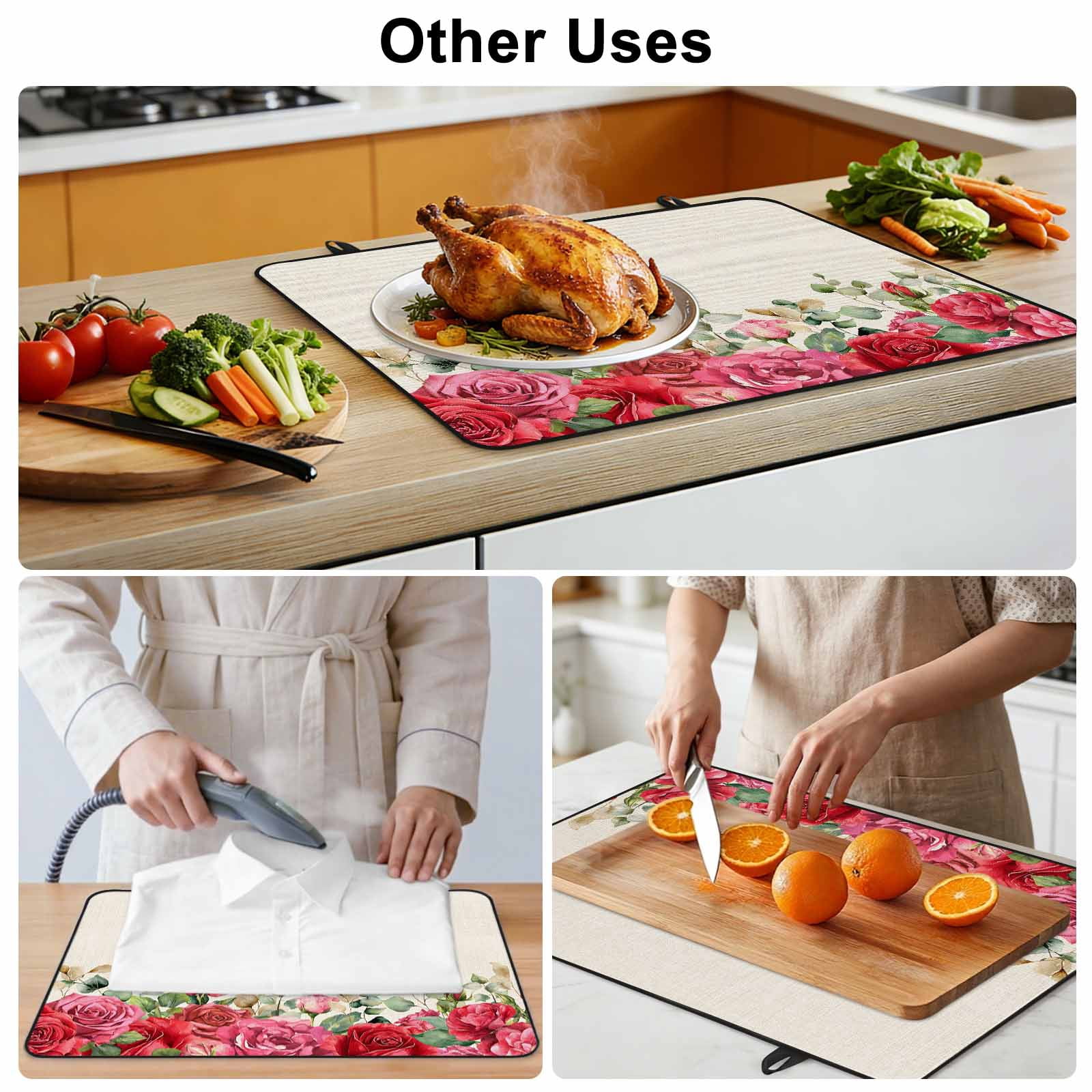 Roses Valentine's Day Stove Top Cover for Electric Stove, Heat-proof & Non Slip Glass Top Stove Cover Protector, Eucalyptus Leaves Floral Rustic Kitchen Flat Cooktop Rubber Mat 24x21 Inches