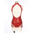 thumbnail image 4 of Jowowha Glittery Sparkly Bodysuit For Women Fringe Dance Leotard with Hat Latin Jazz Ballroom Red M, 4 of 7