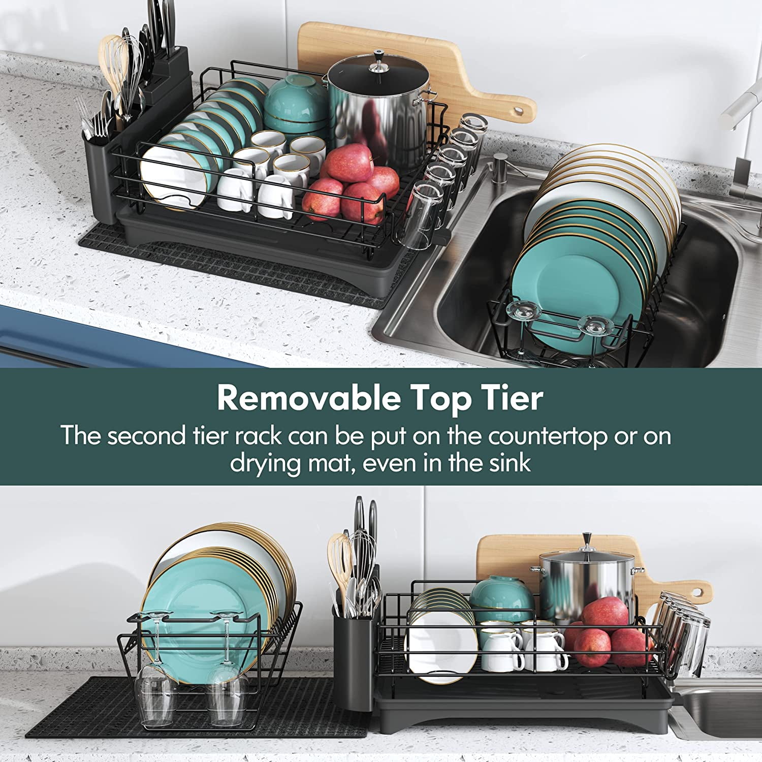 Loftiage Dish Drying Rack and Drainboard Set, Large Dish Racks for Kitchen  Counter, 2 Tier Dish Strainers, Black Dish Drainer with Utensils, Pot