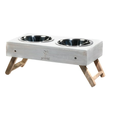UPC: 0810058051387 | Pronk! Whitewash White Medium 15.5 x 6.5 Inch Wood Adjustable Water & Pet Food Feeder