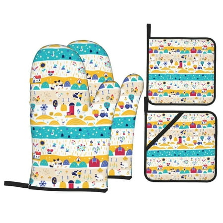 

Oven Mitts and Pot Holders 4 Piece Funny Farm High Heat Slip Resistant Oven Mitt and Trivets Set Kitchen Oven Glove Pot Holders for Cooking Baking Grilling