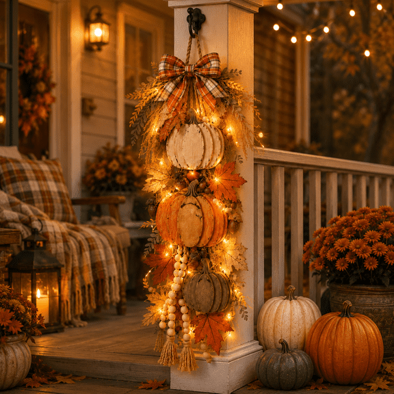 Rustic Wooden Pumpkin Door Hanging with Warm LED Lights 21.7in, Harvest Fall Farmhouse Decor with Autumn Leaves for Porch Entryway