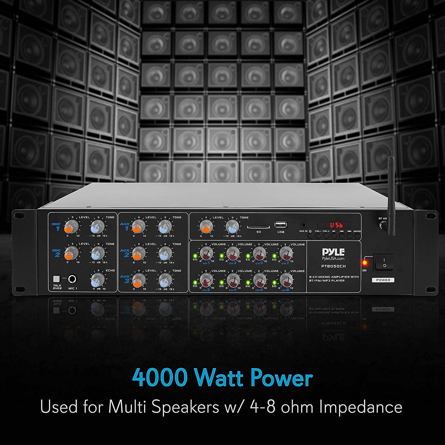 Pyle 4000 Watt 8 Channel Audio Bluetooth Amplifier Sound Mixer Receiver System