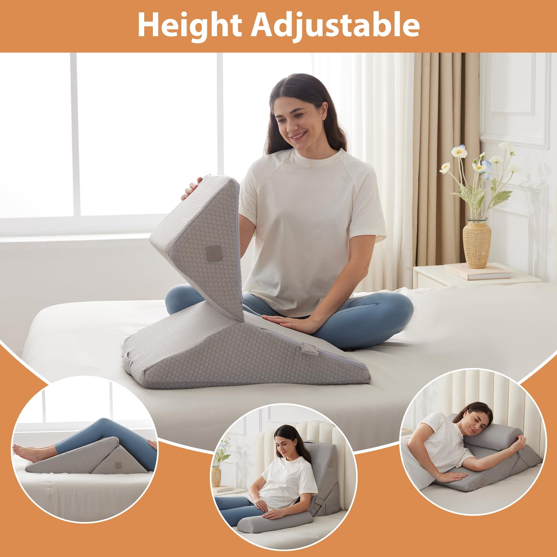 3pcs Wedge Pillow Set  Adjustable Headboard Bed Pillows For Sleeping Support Sitting Up Grey