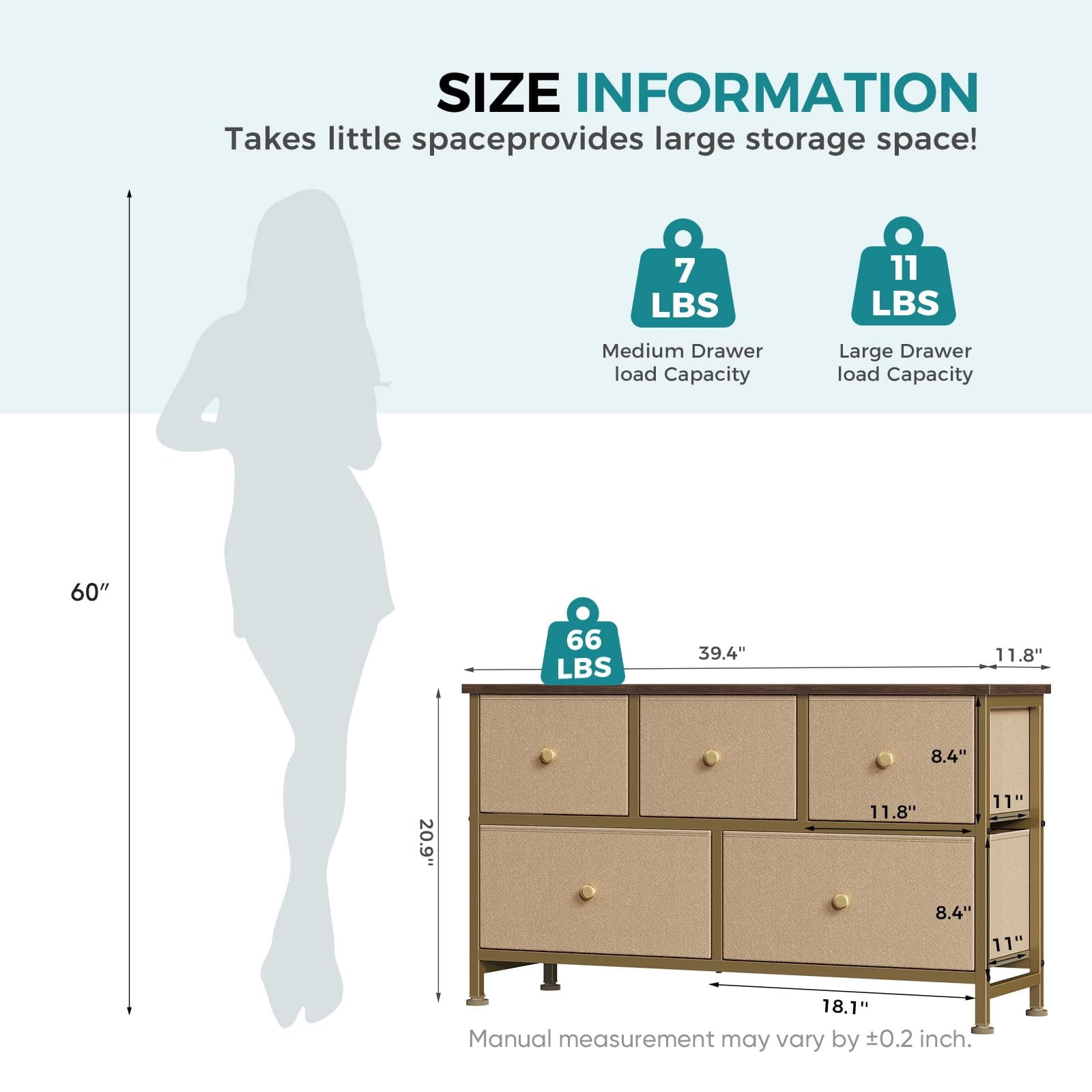 Telyra 5-Drawer Fabric Dresser TV Stand Organizer with Wood Top and Metal Frame, Khaki