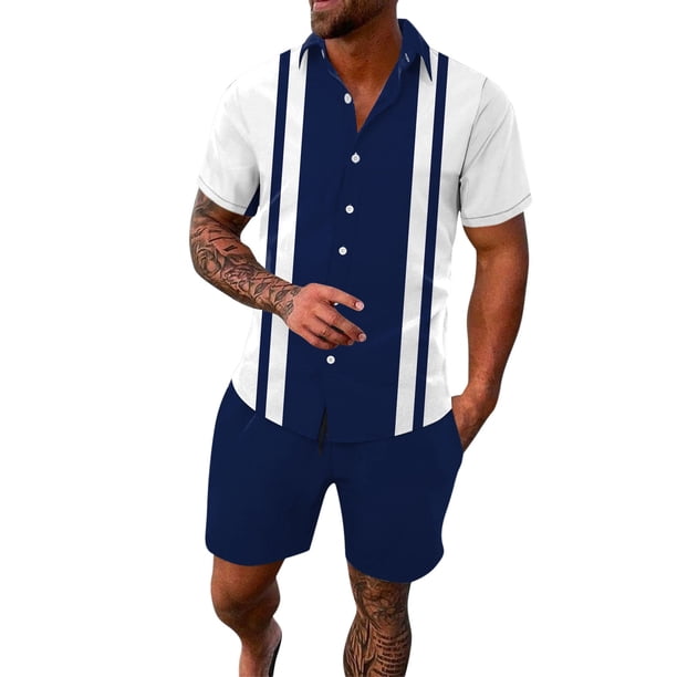 Conjuntos de 2 piezas Cagnkofi para hombre, chándales de verano, conjuntos a juego, camisetas y pantalones cortos de manga corta con botones y patchwork en bloques de color