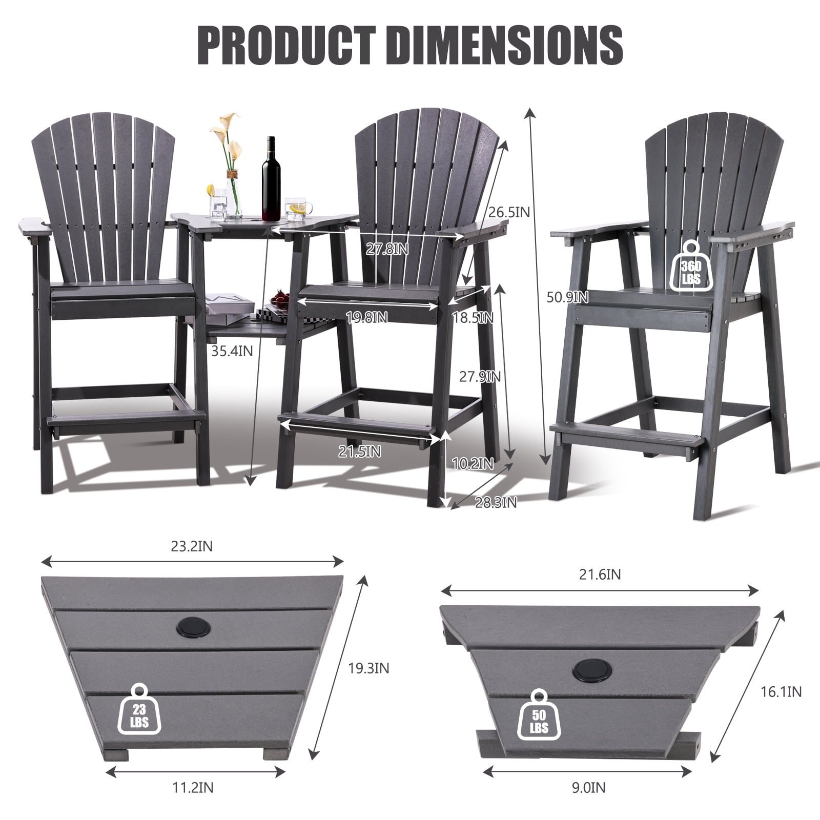 FOOWIN Tall Adirondack Chairs Set of 2，HDPE Outdoor Adirondack Barstools with Double Connecting Tray Patio Stools Weather Resistant for Outdoor Deck Lawn Pool Backyard,Grey
