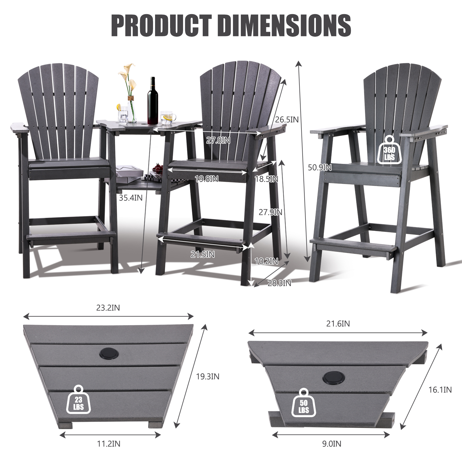 Foowin Tall Adirondack Chairs Set of 2, Gray photo 6