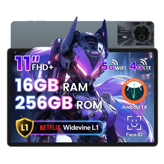 ODEA S11 11 Inch Android 14 Tablet with 16GB RAM 256GB ROM, 1920x1200 IPS Display, Octa-Core T606, 4G LTE, Widevine L1, 8000mAh, Face ID, GPS, 5G/2.4G WiFi