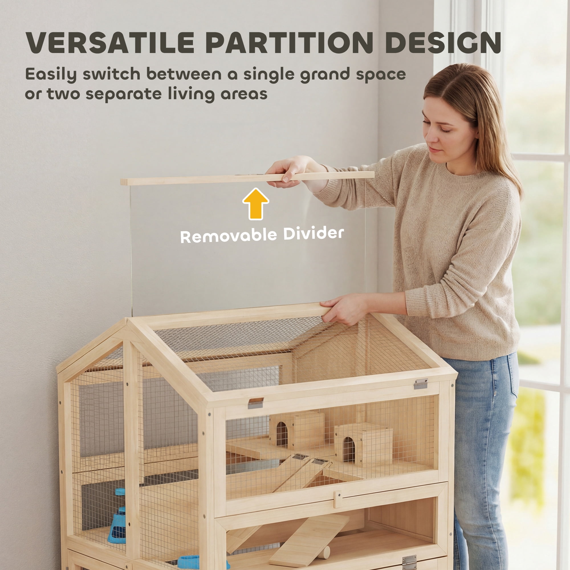 PawHut Wooden Hamster Cage, Large 3 Tier Hamster Cage with Pull-Out Tray, Hut, Seesaws, Ramps, 26.8" L x 24.2" W x 35.4" H
