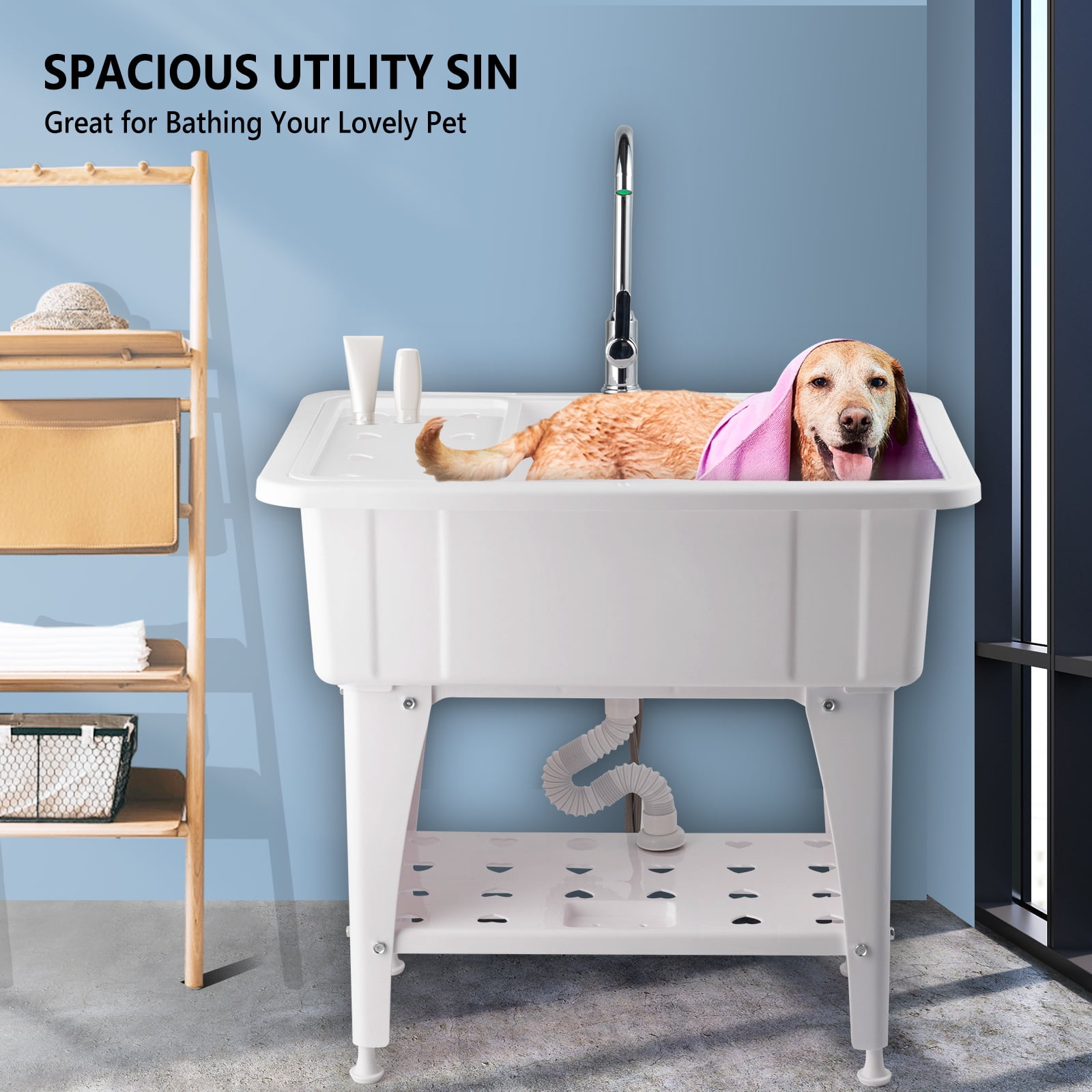 Spacious White Utility Sink Laundry Tub Freestanding Wash Station W/ Shelf, Removable Drainboard, Stainless Steel Faucet