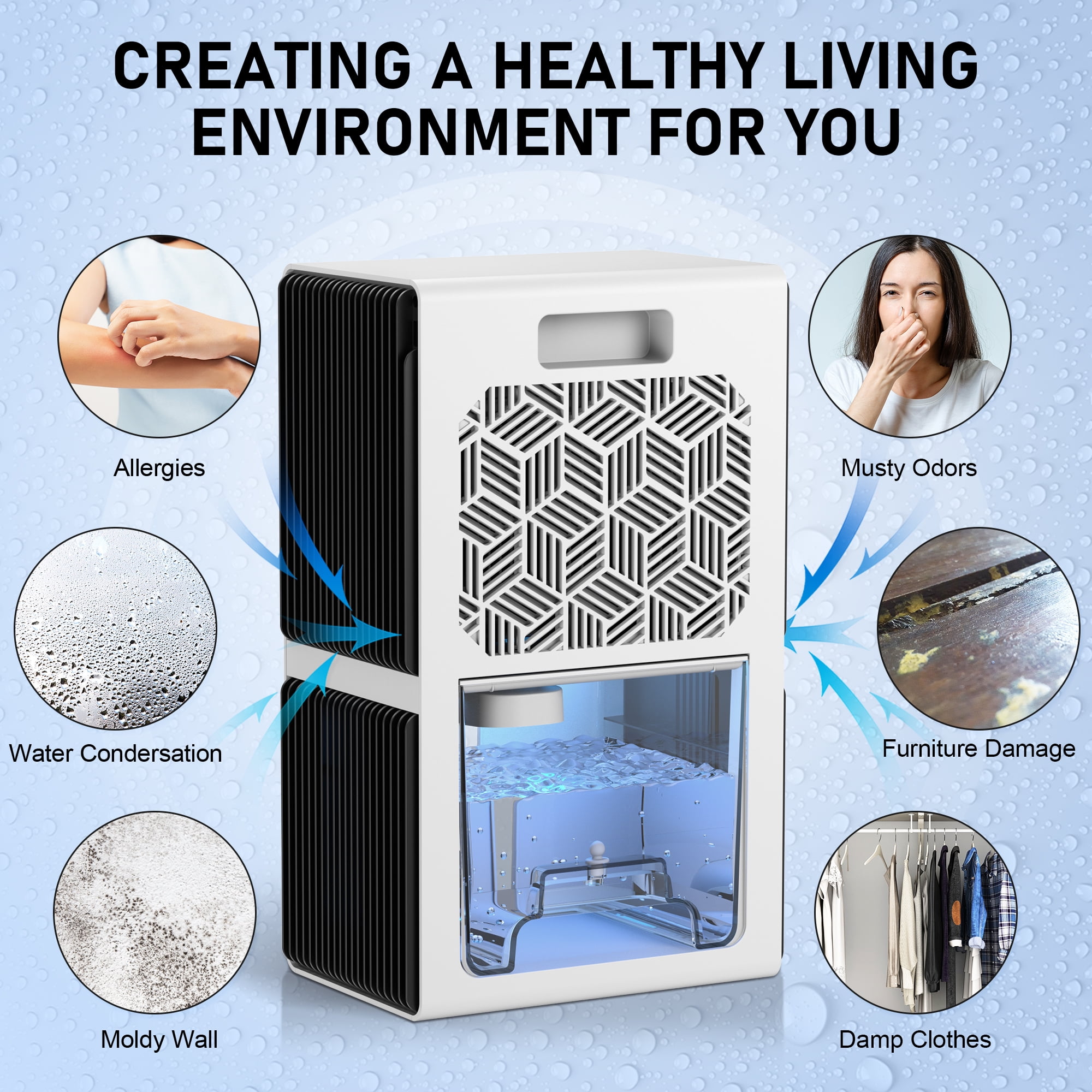 EGEH Dehumidifiers for Home, 62 OZ Dehumidifier for Room with Auto Shut Off, Sleep Mode (800 sq. ft) Portable Dehumidifier for Bathroom, Bedroom, Basement, RV, 7 Colors LED Light, White