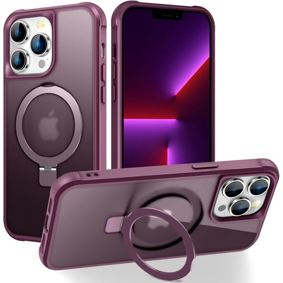 Magnetic for iPhone 13 Pro Case with Stand [ Grade Drop Tested][Compatible with Magnet] Ring Translucent Slim Hard Back Soft Edge, Wine Red