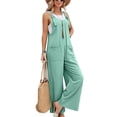 thumbnail image 3 of Womens Square Neck Cotton Linen Overalls Bib Front Wide Adjustable Buckle Shoulder Straps Sleeveless Jumpsuit Loose Fit Wide Leg Summer Casual Loungewear, #03 Light Green, XXL, 3 of 6