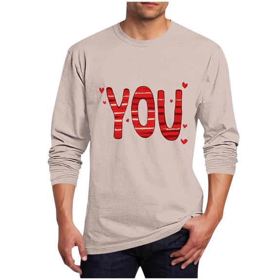 Valentines Day Tops for Men Big&tall Casual Loose Long Sleeve Round Neck Graphic Print Pullover Tops (XL, Beige)