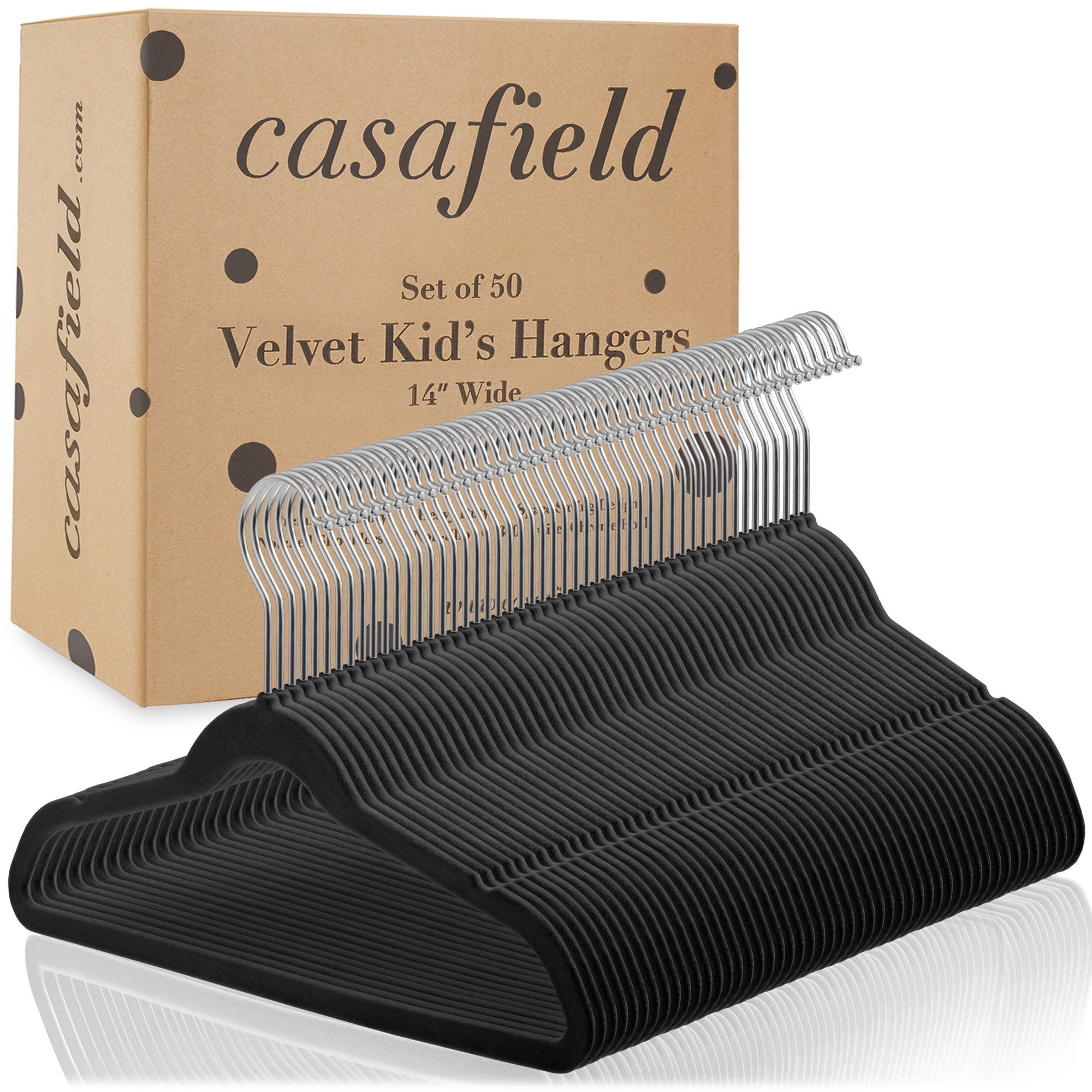 Casafield 50 Velvet Kid's Hangers for Children's Clothes, 14" - Black
