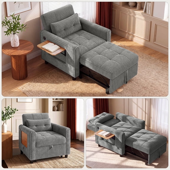 Asofer Convertible Sleeper Sofa Bed with USB Port and Side Table, Corduroy Pull Out Couch with Adjustable Backrest and Pocket for Small Space, Gray
