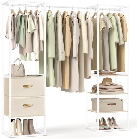 SONGMICS Clothes Rack, 70.9 Inch Wardrobe Freestanding Closet, Heavy Duty Garment Rack with 1 Extendable Hanging Rod, 2 Drawers and 4 Shelves, for Bedroom, Space-Saving, Natural Beige URGR003W67