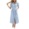 thumbnail image 2 of Ayolanni Dresses for Women 2026 V Neck Plaid Short Sleeve A-Line Maxi Dress Party Elegant Birthday Belted Long Dress with Puff Sleeve Blue XL, 2 of 7