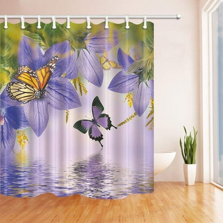 BPBOP Spring Floral Decor Purple Butterfly Flying on Flowers Polyester Fabric Bath Curtain, Bathroom Shower Curtain 66x72