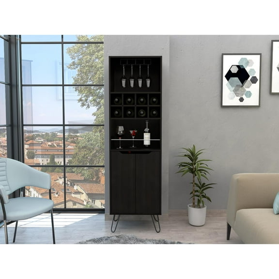 Manhattan L Bar Cabinet, Eight Built-in Wine Rack, Two Cabinets With Single Door Black