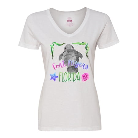 Inktastic Fort Myers Florida Cute Swimming Manatee Women's V-Neck T-Shirt