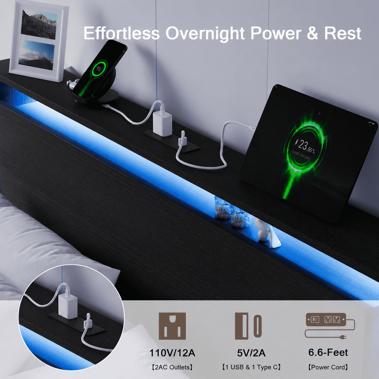Einhomn Full Size Floating Bed Frame with  LED Lights & Charging Station,Wood Platform Bed Frame with Storage Headboard,Noise Free,No Box Spring Needed,Easy to Assemble-Black