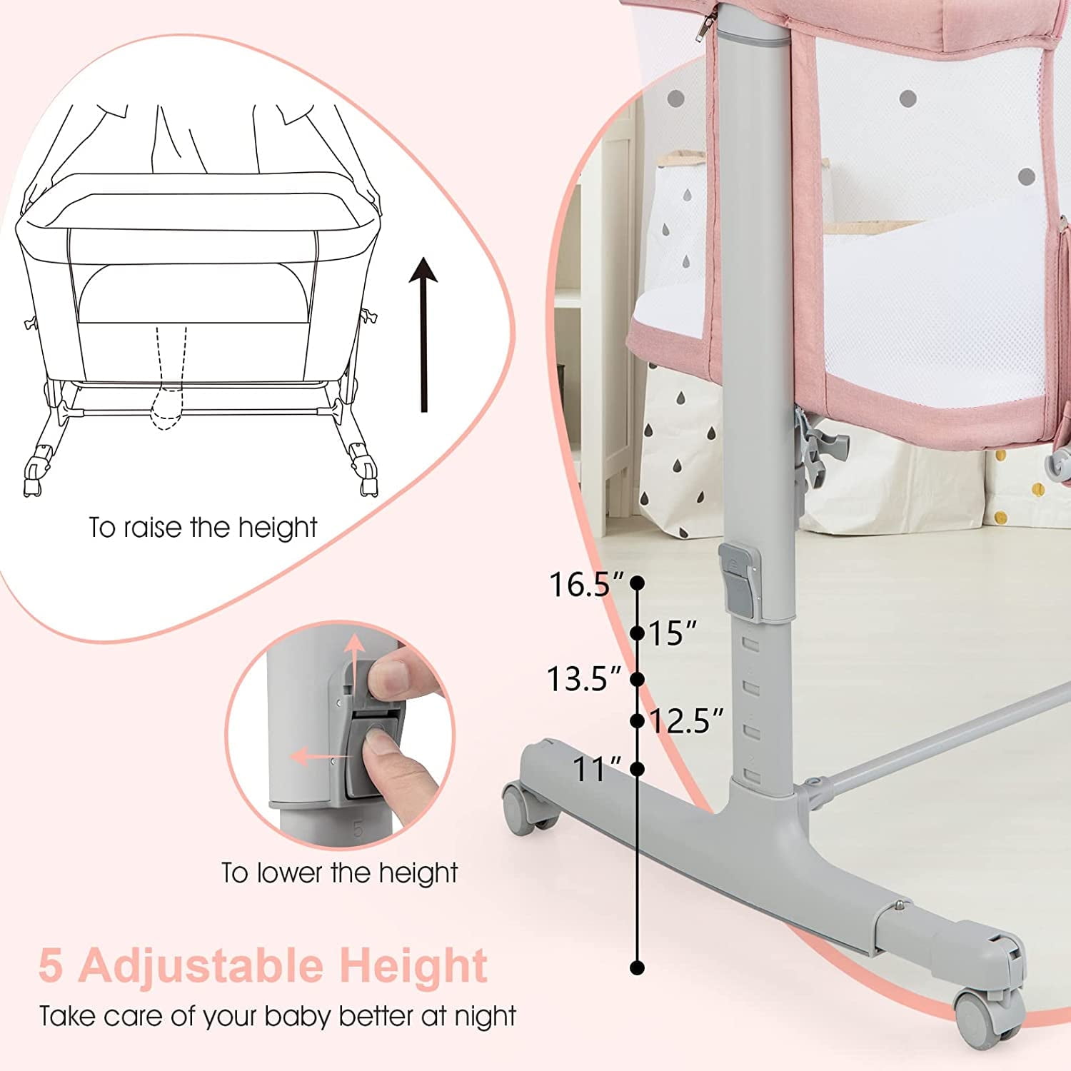 INFANS 3 in 1 Baby Bassinet Bedside Sleeper for Newborn, Folding Crib with Mattress, Travel Bag, Wheels, 4-Sided Mesh, Cradle Co Sleeper Stationary, Rock